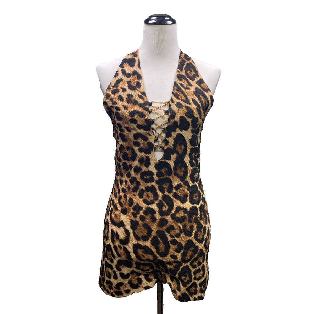 Leopard Animal Print Halter Romper Women L Sexy Mini Y2K Festival Mob Wife Glam